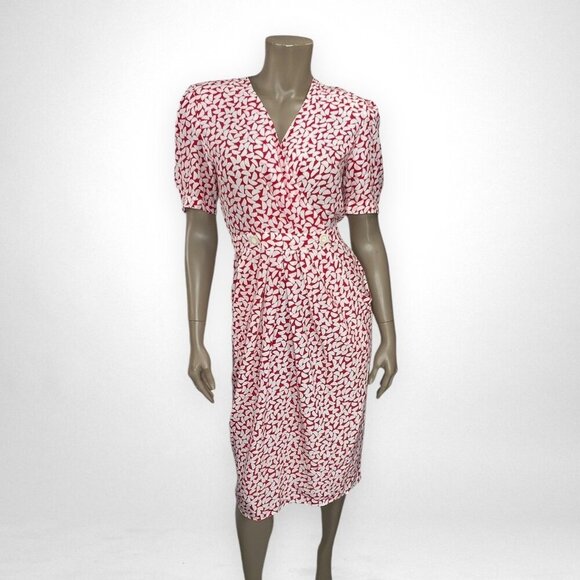 Vintage Dresses & Skirts - Vintage Red & White Abstract Pattern Dress With Short Sleeves & Button Details 4